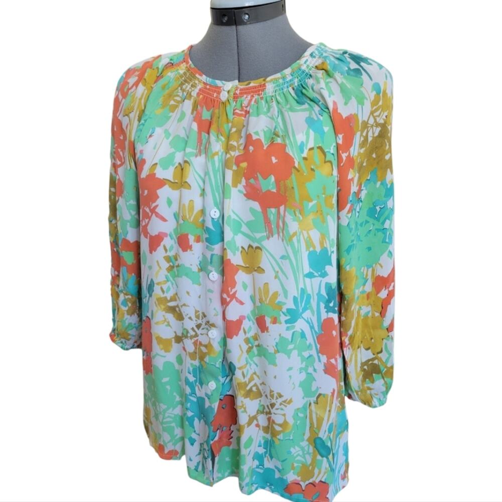 Tyler Boe Silk Floral Lightweight Blouse Size Small Orange Blue